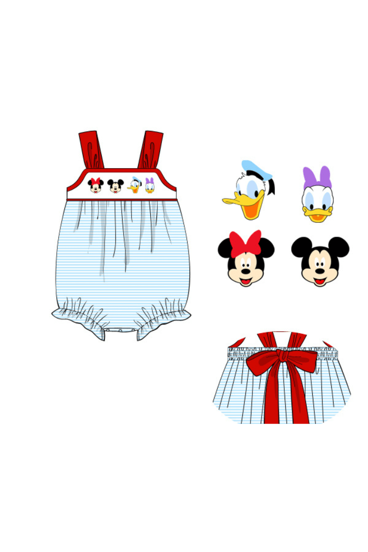 The Smocked Flamingo Apparel & Accessories Pre-Order Smocked Mouse and Friends Red/Blue Stripe Bubble