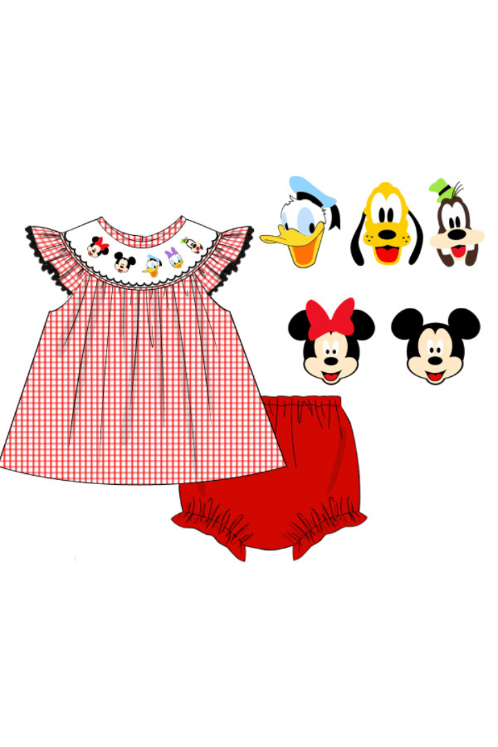 The Smocked Flamingo Apparel & Accessories Pre-Order Smocked Mouse and Friends Red Windowpane Bloomer Set