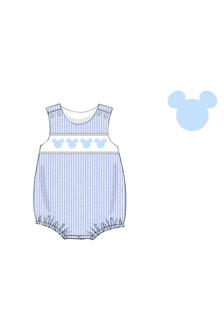 The Smocked Flamingo Apparel & Accessories Pre-Order Smocked Mouse Blue Seersucker Bubble