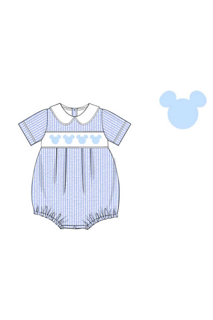 The Smocked Flamingo Apparel & Accessories Pre-Order Smocked Mouse Blue Seersucker Short Sleeve Bubble