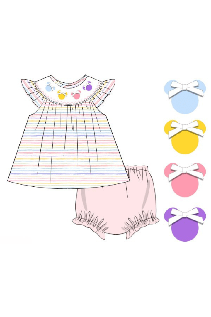 The Smocked Flamingo Apparel & Accessories Pre-Order Smocked Mouse Pastel Stripe Bloomer Set