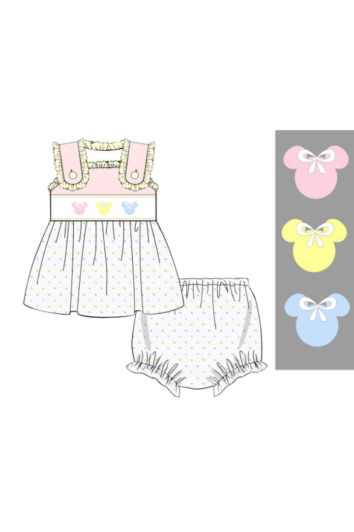 The Smocked Flamingo Apparel & Accessories Pre-Order Smocked Mouse Pastel Swiss Dot Bloomer Set