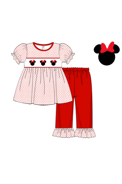 The Smocked Flamingo Apparel & Accessories Pre-Order Smocked Mouse Red Bitty Dot Ruffle Pant Set