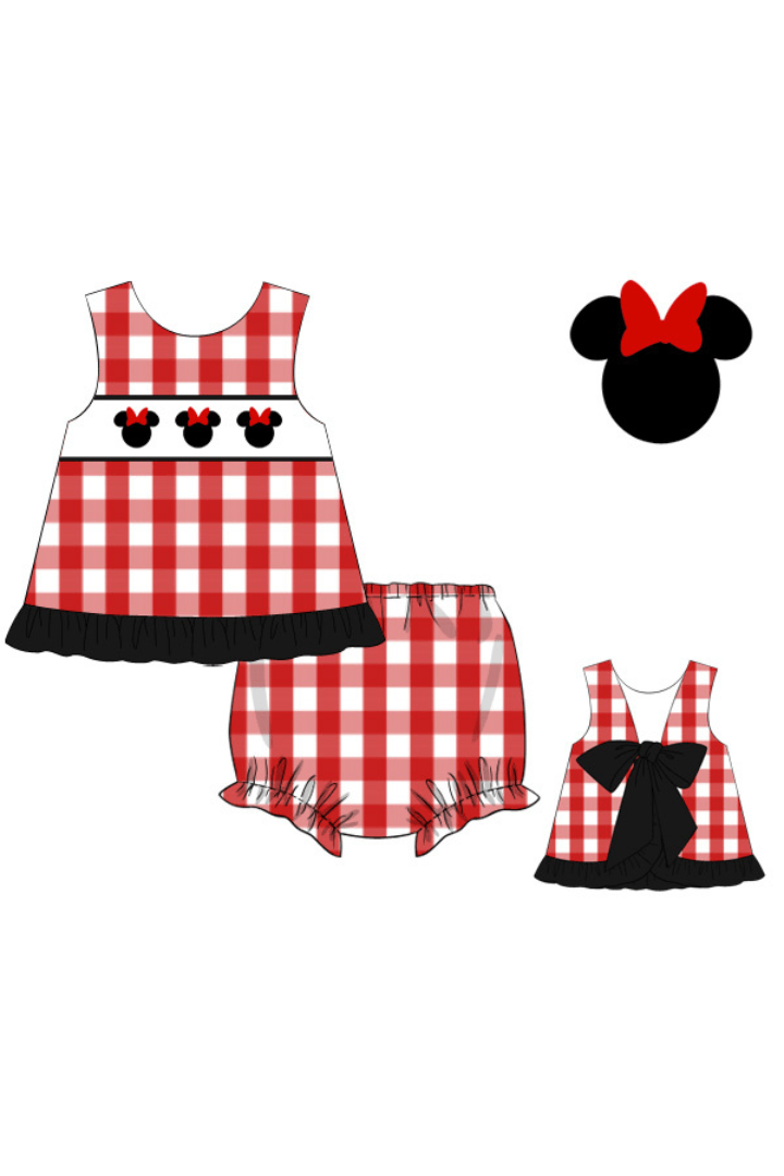 The Smocked Flamingo Apparel & Accessories Pre-Order Smocked Mouse Red Gingham Bow Bloomer Set