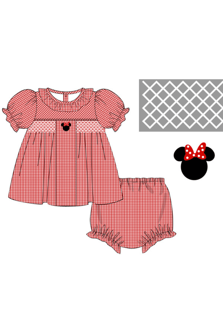 The Smocked Flamingo Apparel & Accessories Pre-Order Smocked Mouse Red Seersucker Bloomer Set