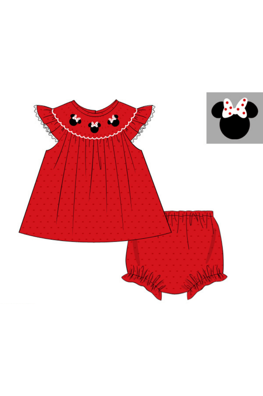 The Smocked Flamingo Apparel & Accessories Pre-Order Smocked Mouse Red Swiss Dot Bloomer Set