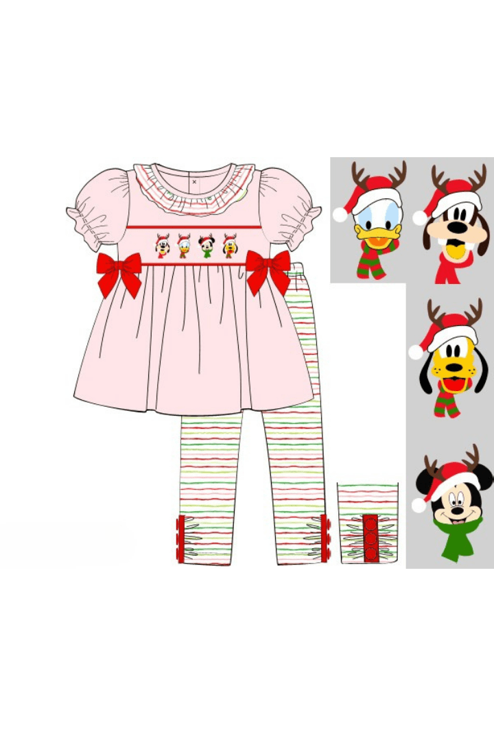 The Smocked Flamingo Apparel & Accessories Pre-Order Smocked Mouse Reindeer Friends Striped Pant Set