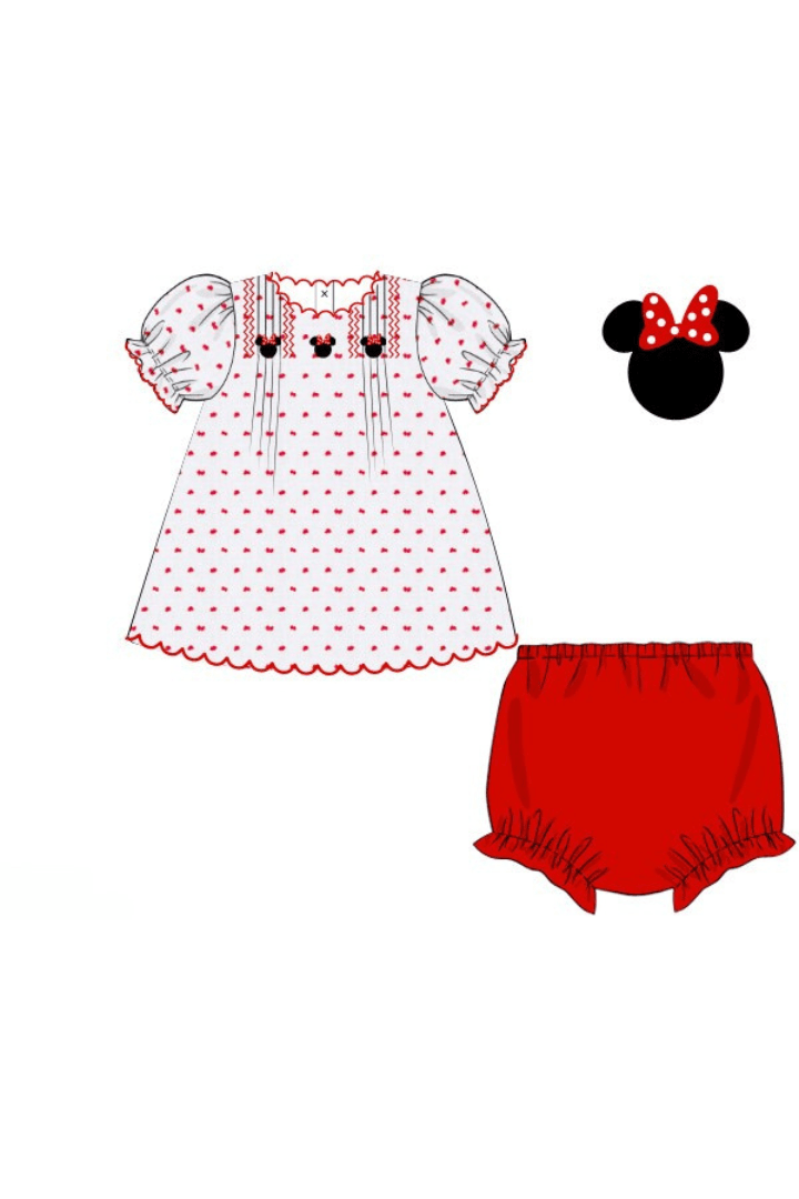 The Smocked Flamingo Apparel & Accessories Pre-Order Smocked Mouse White and Red Swiss Dot Bloomer Set