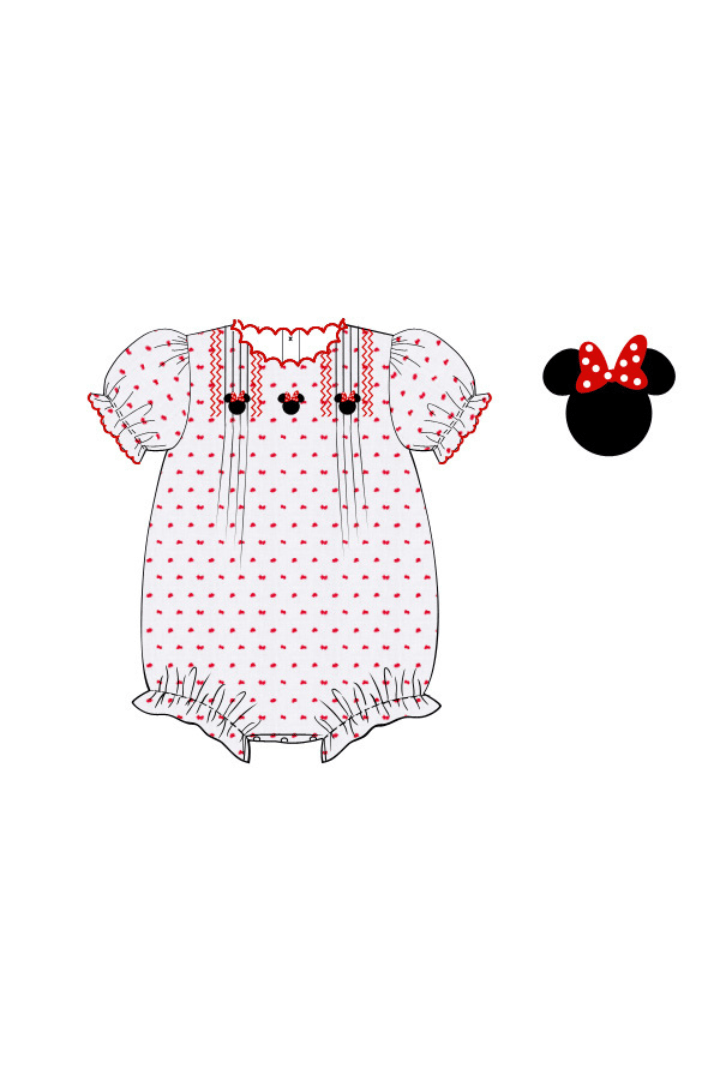 The Smocked Flamingo Apparel & Accessories Pre-Order Smocked Mouse White and Red Swiss Dot Bubble