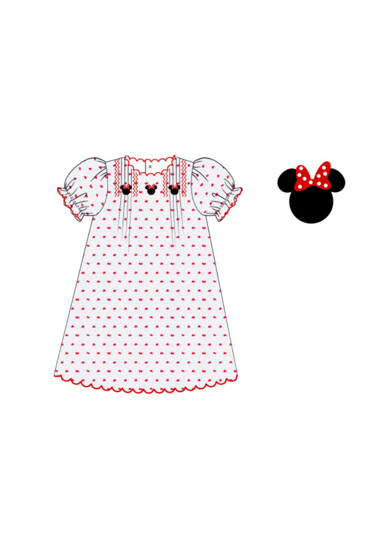 The Smocked Flamingo Apparel & Accessories Pre-Order Smocked Mouse White and Red Swiss Dot Dress