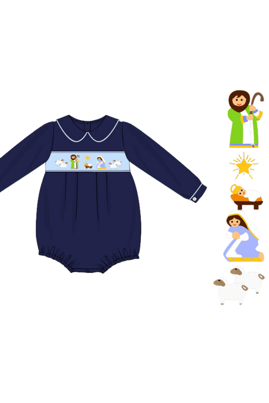 The Smocked Flamingo Apparel & Accessories Pre-Order Smocked Nativity Navy Knit Bubble