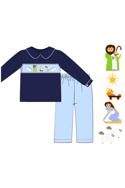 The Smocked Flamingo Apparel & Accessories Pre-Order Smocked Nativity Navy Knit Pant Set