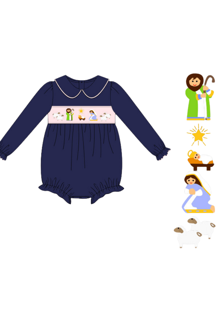 The Smocked Flamingo Apparel & Accessories Pre-Order Smocked Nativity Navy/Pink Knit Bubble