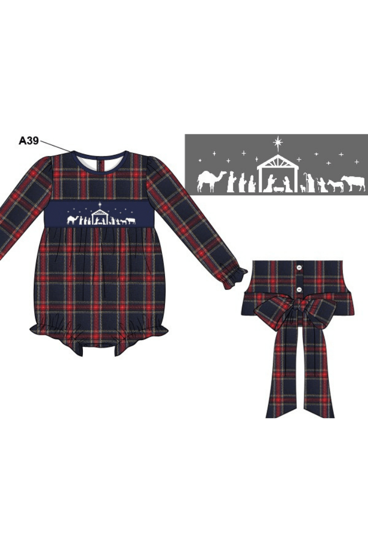 The Smocked Flamingo Apparel & Accessories Pre-Order Smocked Nativity Tartan Bow Bubble