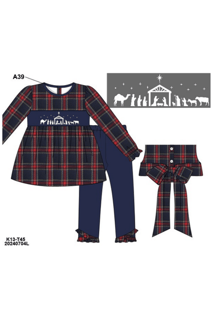 The Smocked Flamingo Apparel & Accessories Pre-Order Smocked Nativity Tartan Bow Pant Set