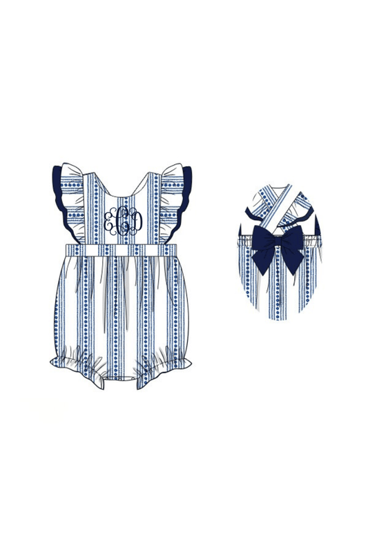 The Smocked Flamingo Apparel & Accessories Pre-Order Smocked Navy and White Bow Bubble