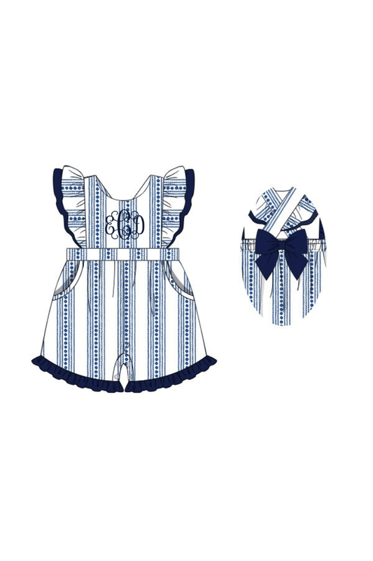 The Smocked Flamingo Apparel & Accessories Pre-Order Smocked Navy and White Bow Romper