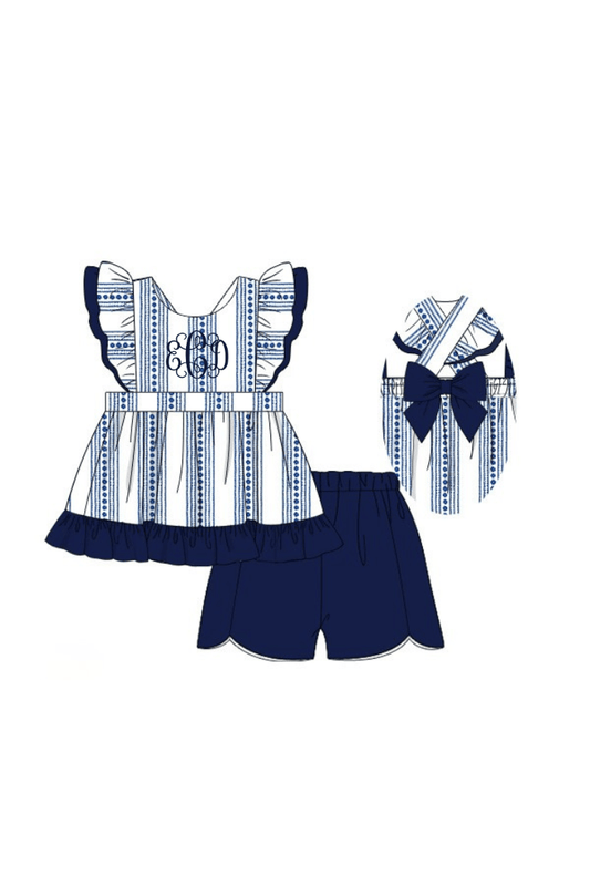 The Smocked Flamingo Apparel & Accessories Pre-Order Smocked Navy and White Bow Short Set