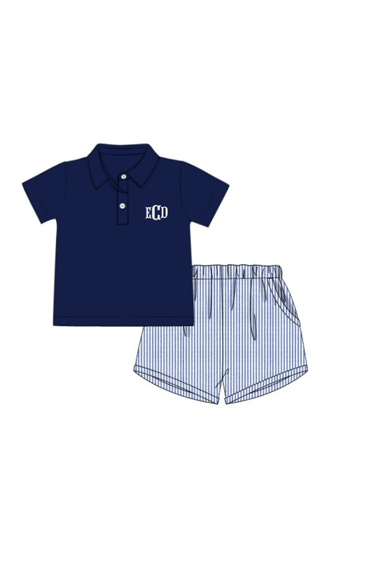 The Smocked Flamingo Apparel & Accessories Pre-Order Smocked Navy and White Pinstripe Short Set