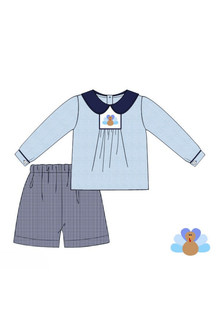 The Smocked Flamingo Apparel & Accessories Pre-Order Smocked Navy Blue Gingham Turkey Short Set