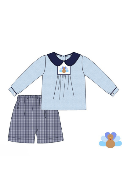 The Smocked Flamingo Apparel & Accessories Pre-Order Smocked Navy Blue Gingham Turkey Short Set