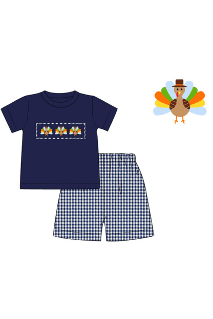 The Smocked Flamingo Apparel & Accessories Pre-Order Smocked Navy Seersucker Gingham Turkey Short Set