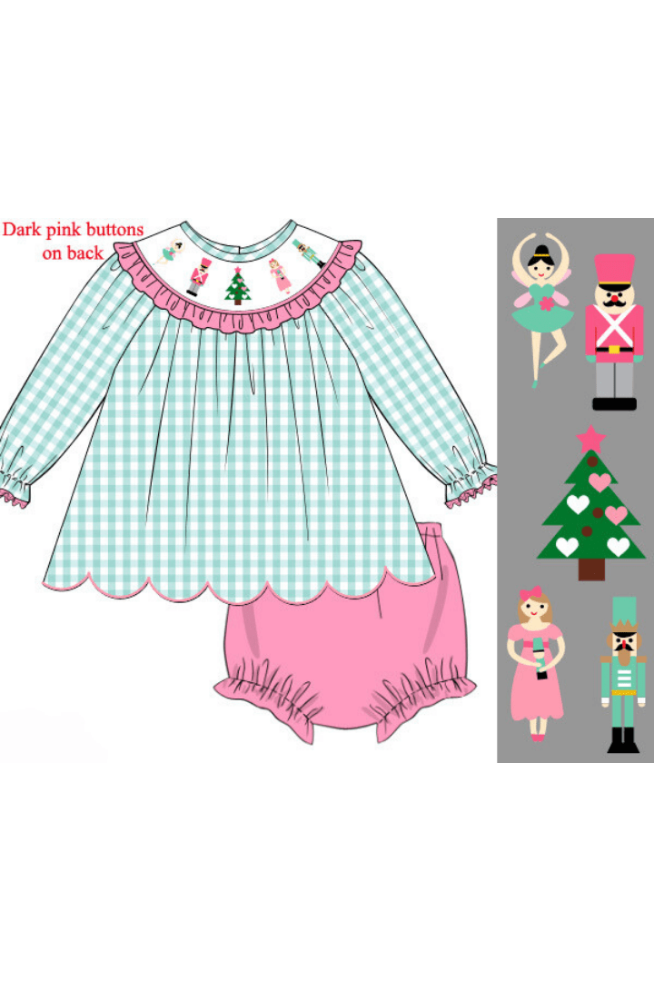 The Smocked Flamingo Apparel & Accessories Pre-Order Smocked Nutcracker Ballet Gingham Bishop Bloomer Set