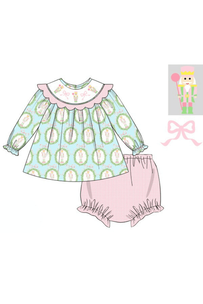 The Smocked Flamingo Apparel & Accessories Pre-Order Smocked Nutcracker Mint and Pink Scalloped Bloomer Set