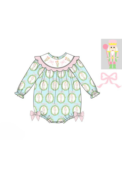 The Smocked Flamingo Apparel & Accessories Pre-Order Smocked Nutcracker Mint and Pink Scalloped Bubble