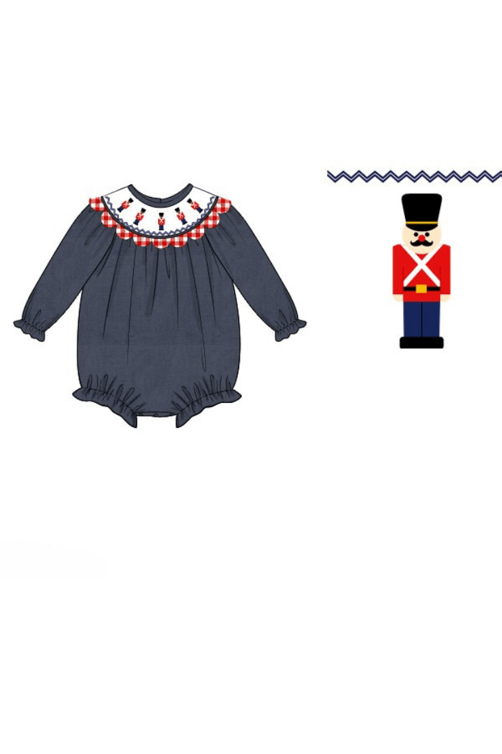 The Smocked Flamingo Apparel & Accessories Pre-Order Smocked Nutcracker Navy Corduroy Gingham Scalloped Bubble