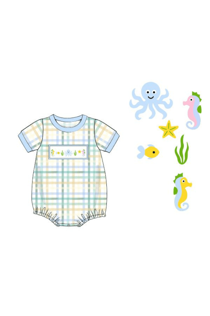 The Smocked Flamingo Apparel & Accessories Pre-Order Smocked Ocean Creature Blue Plaid Bubble