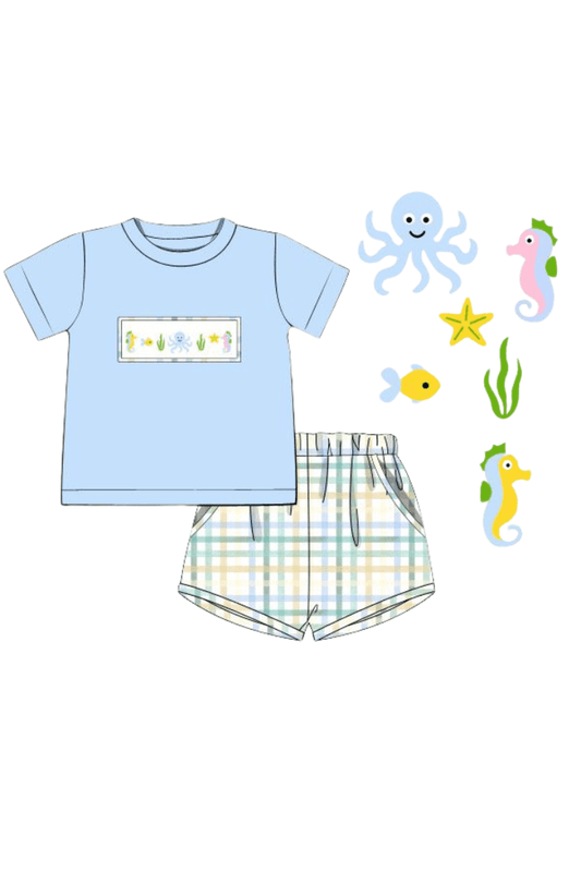 The Smocked Flamingo Apparel & Accessories Pre-Order Smocked Ocean Creature Blue Plaid Short Set