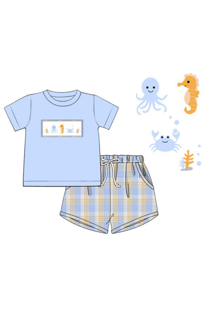 The Smocked Flamingo Apparel & Accessories Pre-Order Smocked Ocean Creatures Plaid Short Set