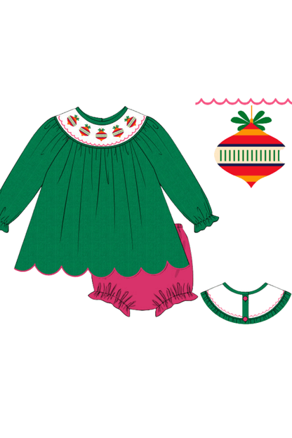 The Smocked Flamingo Apparel & Accessories Pre-Order Smocked Ornament Green and Hot Pink Corduroy Bloomer Set