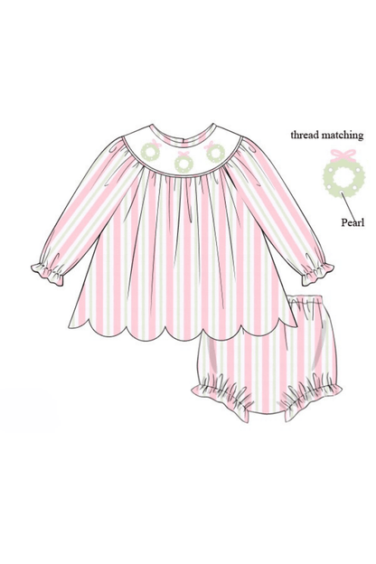 The Smocked Flamingo Apparel & Accessories Pre-Order Smocked Pearl Wreath Pink and Green Stripe Scallop Bloomer Set