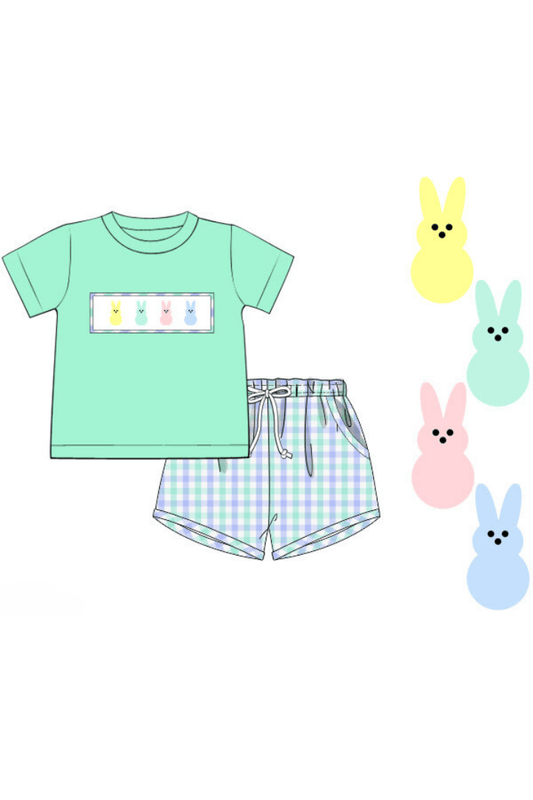 The Smocked Flamingo Apparel & Accessories Pre-Order Smocked Peep Blue and Mint Plaid Short Set