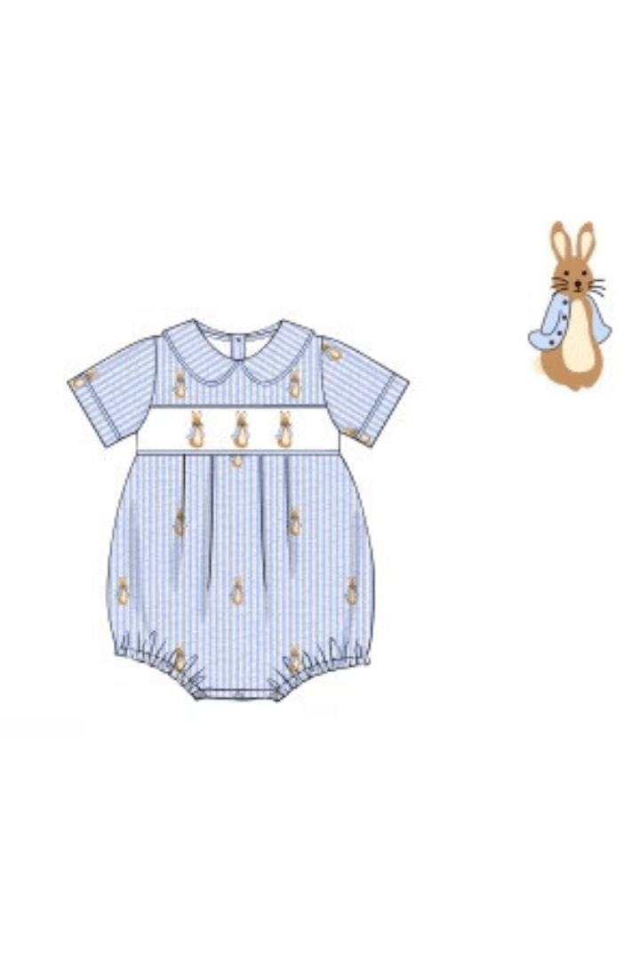 The Smocked Flamingo Apparel & Accessories Pre-Order Smocked Peter Rabbit Blue Seersucker Bubble