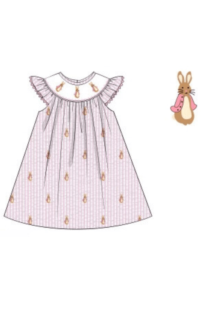 The Smocked Flamingo Apparel & Accessories Pre-Order Smocked Peter Rabbit Pink Seersucker Bishop Dress