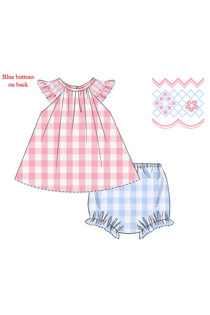 The Smocked Flamingo Apparel & Accessories Pre-Order Smocked Pink and Blue Gingham Bloomer Set