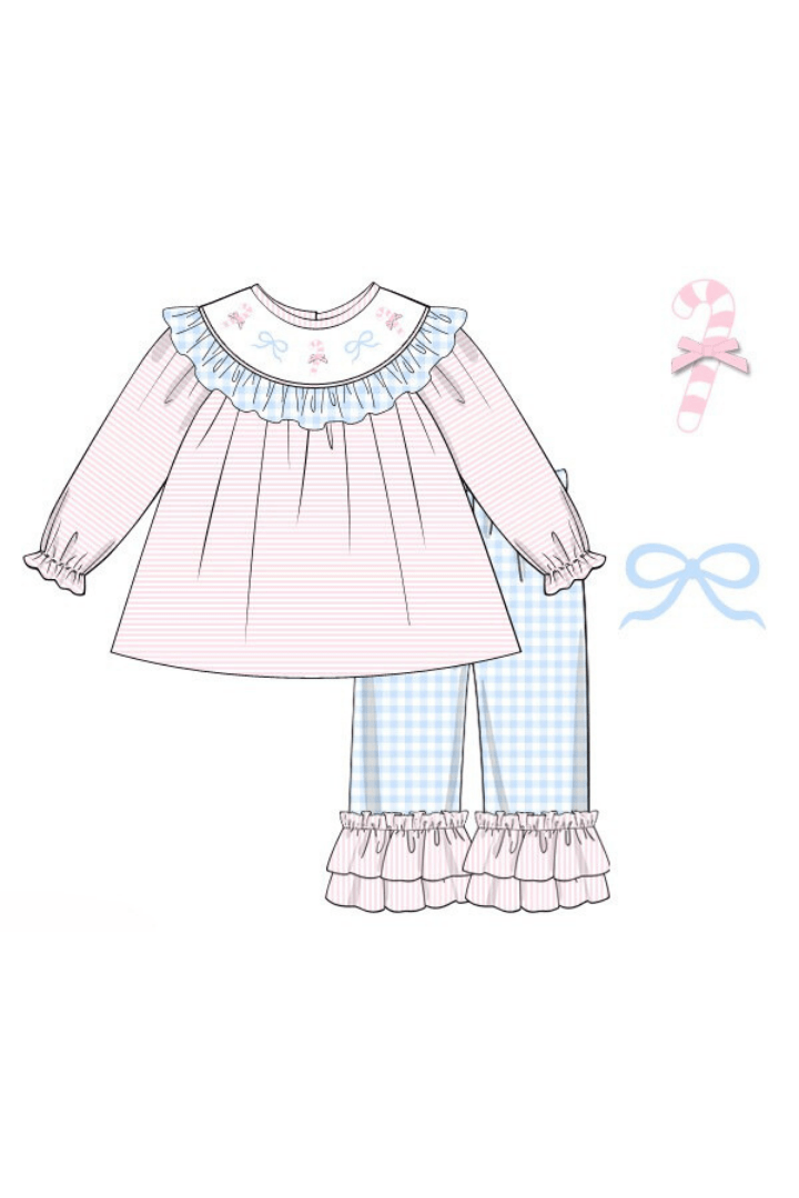 The Smocked Flamingo Apparel & Accessories Pre-Order Smocked Pink and Blue Knit Candy Cane Pant Set