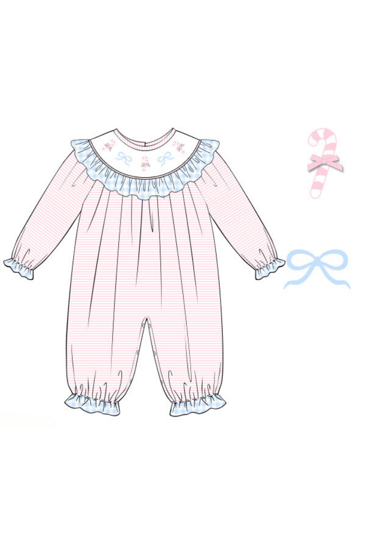 The Smocked Flamingo Apparel & Accessories Pre-Order Smocked Pink and Blue Knit Candy Cane Romper