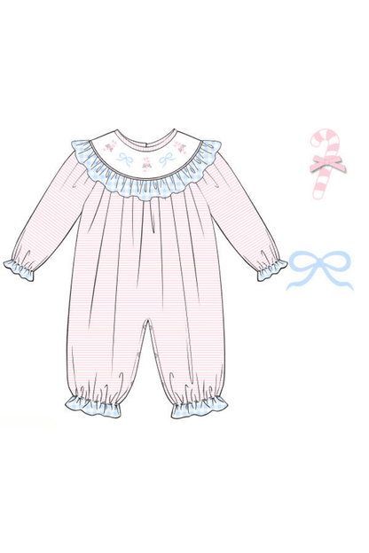 The Smocked Flamingo Apparel & Accessories Pre-Order Smocked Pink and Blue Knit Candy Cane Romper