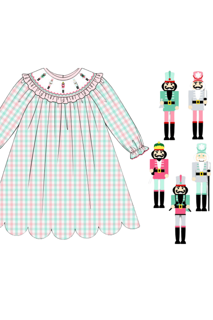 The Smocked Flamingo Apparel & Accessories Pre-Order Smocked Pink and Mint Gingham Nutcracker Bishop Dress