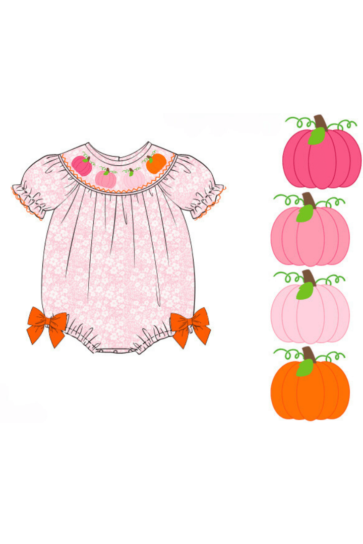 The Smocked Flamingo Apparel & Accessories Pre-Order Smocked Pink Floral Pumpkin Bubble-Short Sleeve