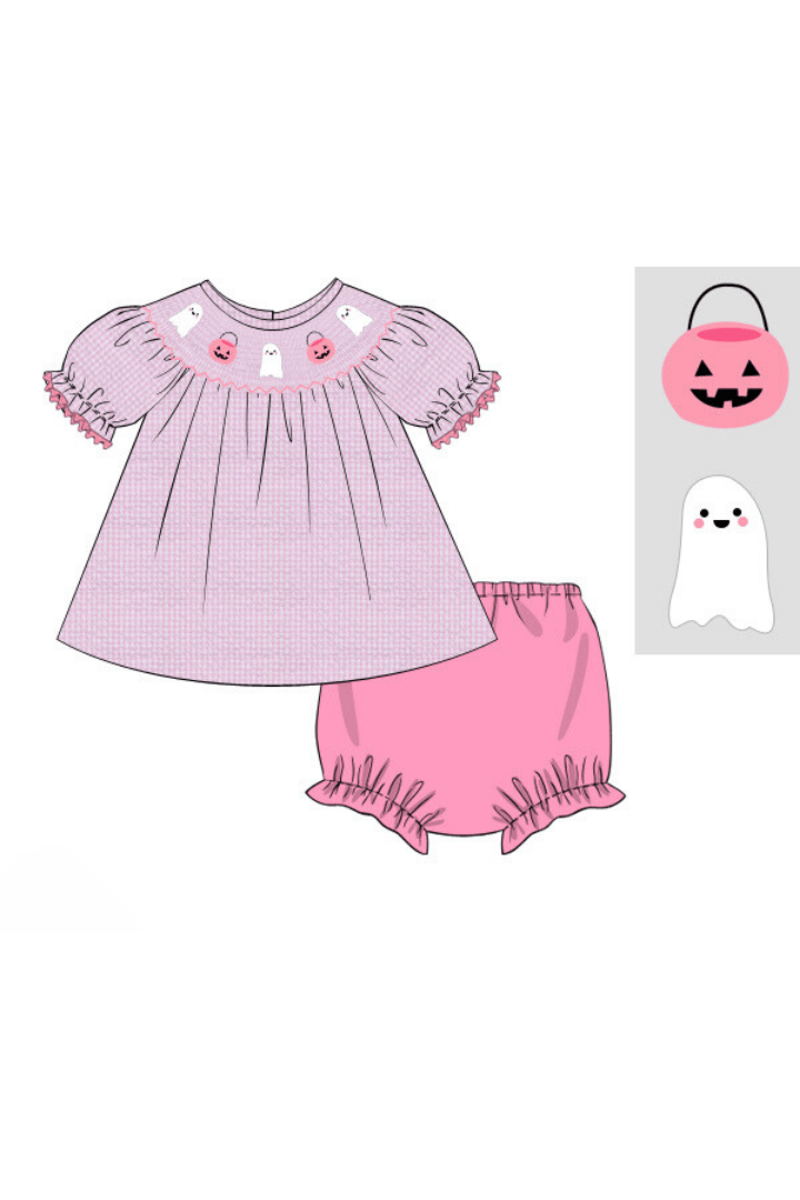 The Smocked Flamingo Apparel & Accessories Pre-Order Smocked Pink Gingham Seersucker Ghost Bloomer Set