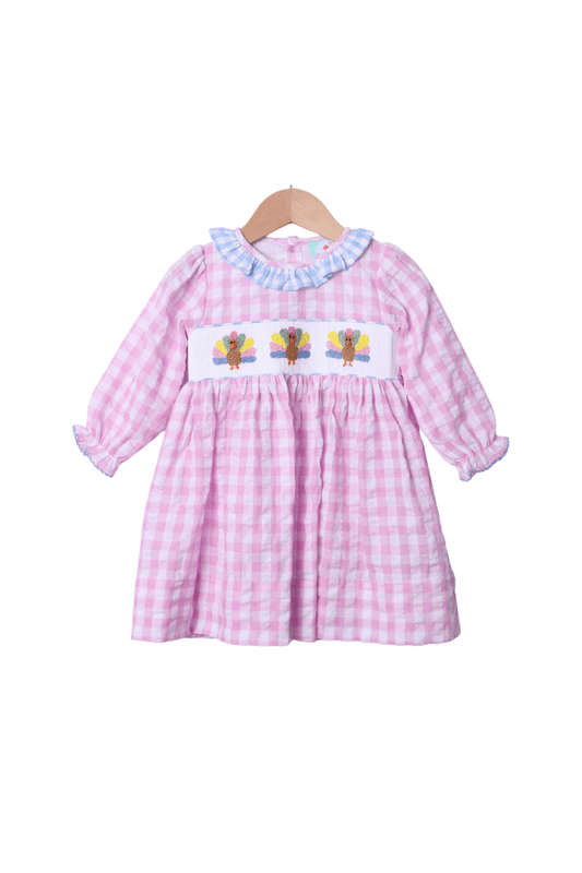 The Smocked Flamingo Apparel & Accessories Pre-Order Smocked Pink Seersucker Turkey Dress
