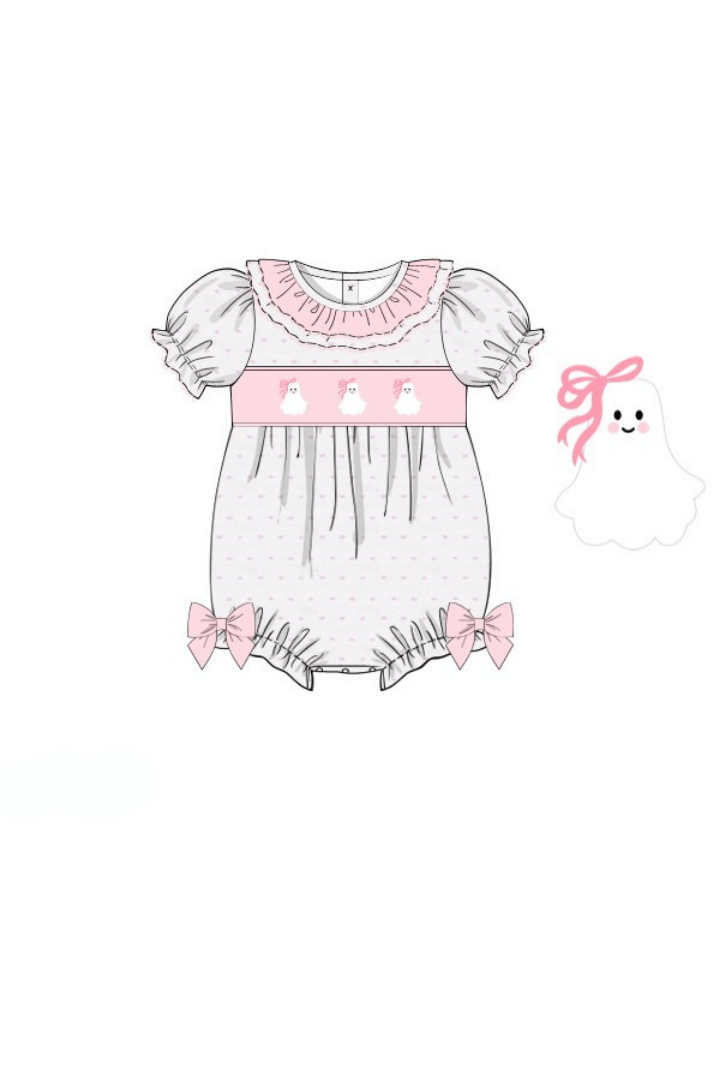 Pre-Order Smocked Pink Swiss Dot Bow Ghost Bubble