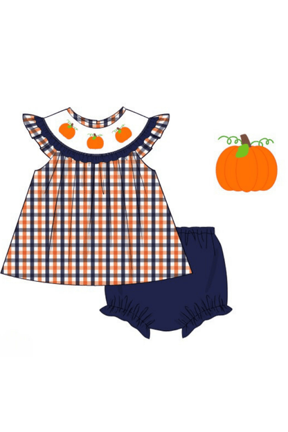 The Smocked Flamingo Apparel & Accessories Pre-Order Smocked Plaid Pumpkin Bishop Bloomer Set