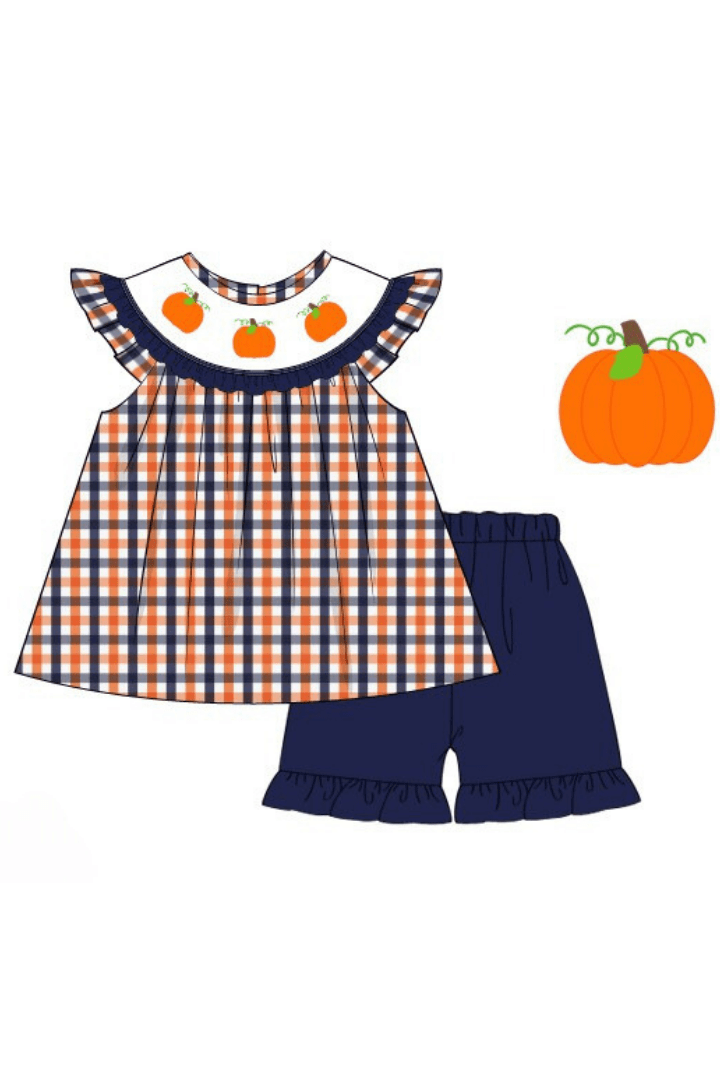 The Smocked Flamingo Apparel & Accessories Pre-Order Smocked Plaid Pumpkin Bishop Short Set