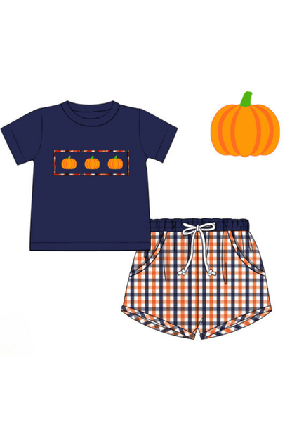 The Smocked Flamingo Apparel & Accessories Pre-Order Smocked Plaid Pumpkin Short Set